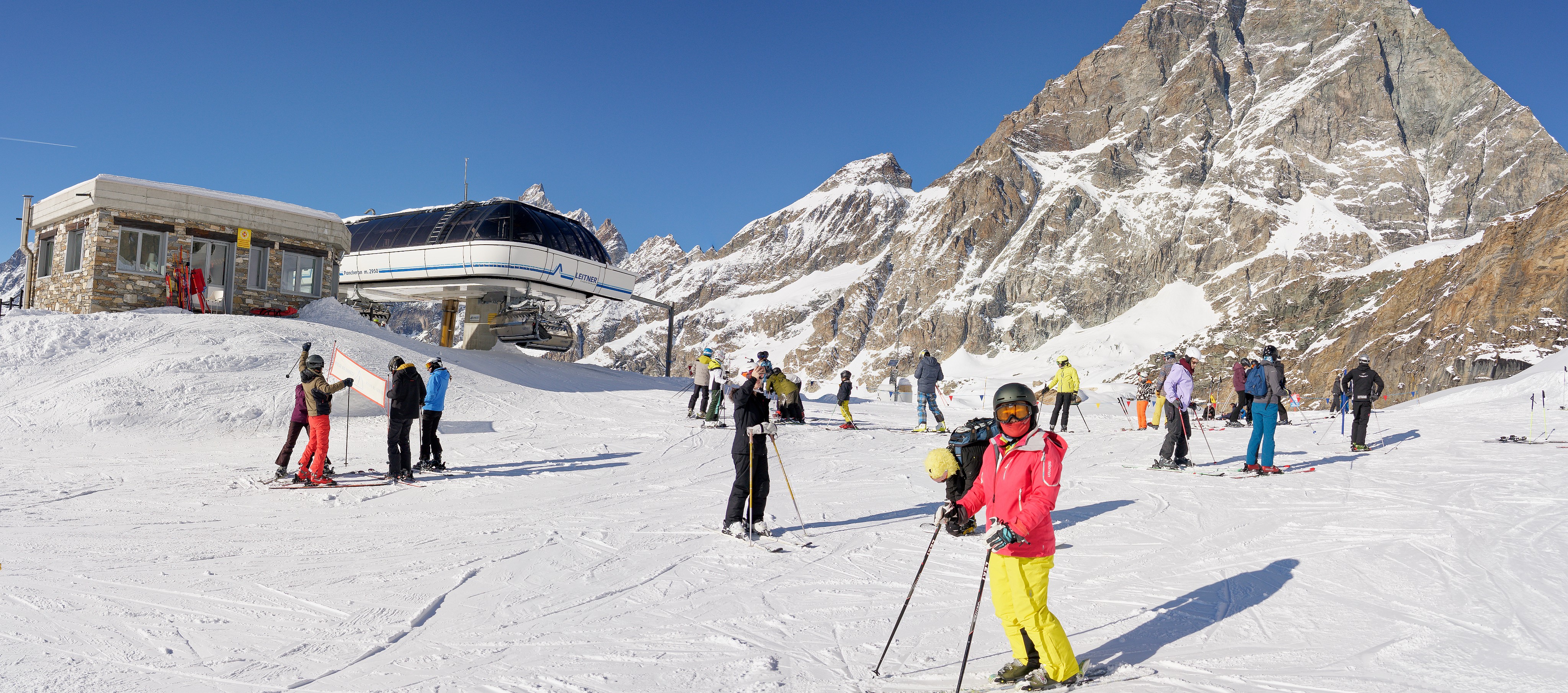 Skiing the Cervinia Area. Panoramic view of the Pancheron ski lift and Matterhorn. near Cervinia. .