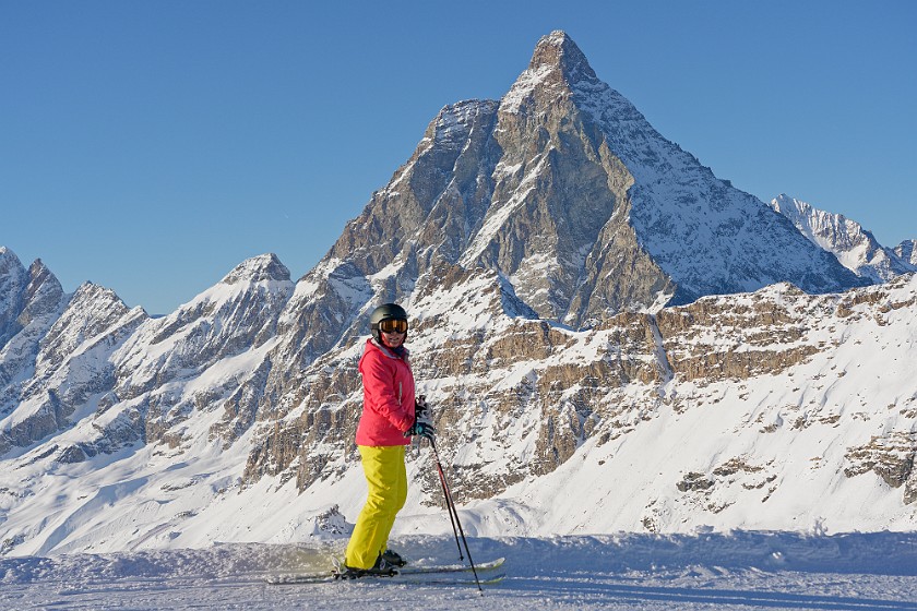 Skiing the Cervinia Area. Portrait in front of the Matterhorn. near Cervinia. .